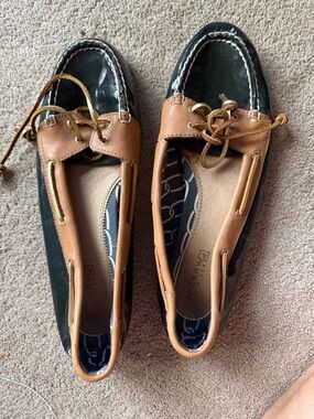 Sperry Black Patent with Tan Leather Women's Boat Shoes